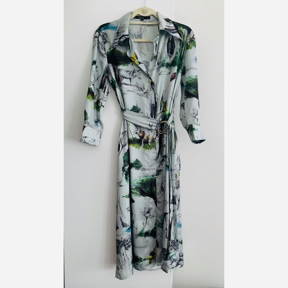 Zara woodland print midi shirtdress with sash belt